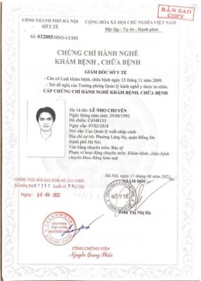 Chứng chỉ hành nghề bác sĩ Chuyên số 032885/HNO-CCHN được sở y tế Hà Nội cấp