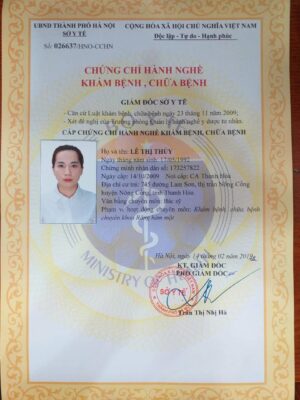 Chứng chỉ hành nghề của bác sĩ Thúy tại Alisa được sở y tế cấp số 026637/HNO-CCHN